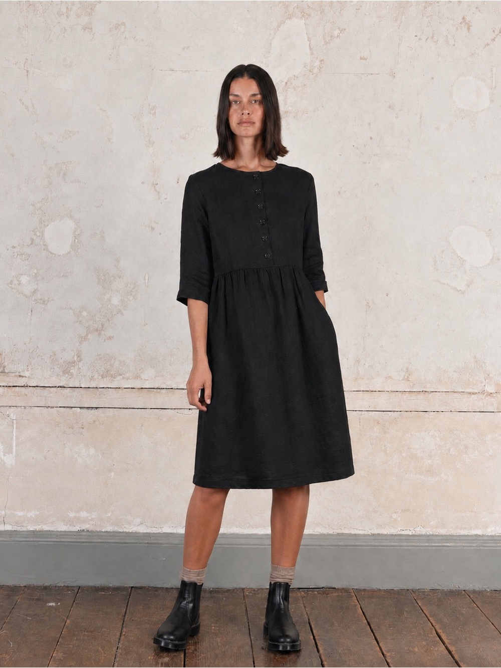 PYNE & SMITH Black 100% European Flax Linen Midi Dress XS
